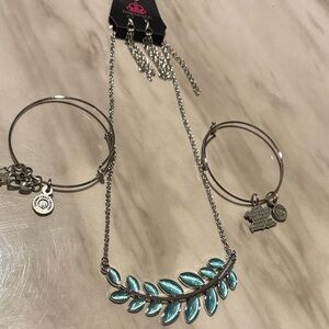 Elegant Silver Necklace with Blue Leaf Accents and bracelets